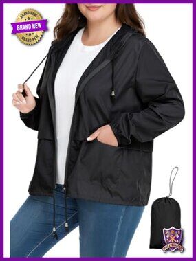 Plus Size Lightweight Packable Hooded Rain Jacket Windbreaker